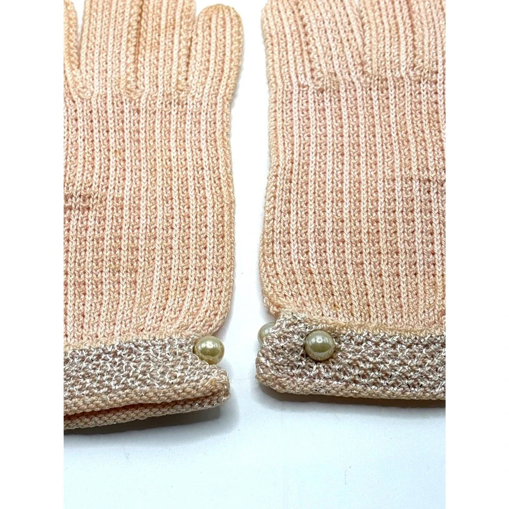 Vintage Peach Knit Gloves‎ Pearl Accents and Metallic Silver Cuffs Church Easter